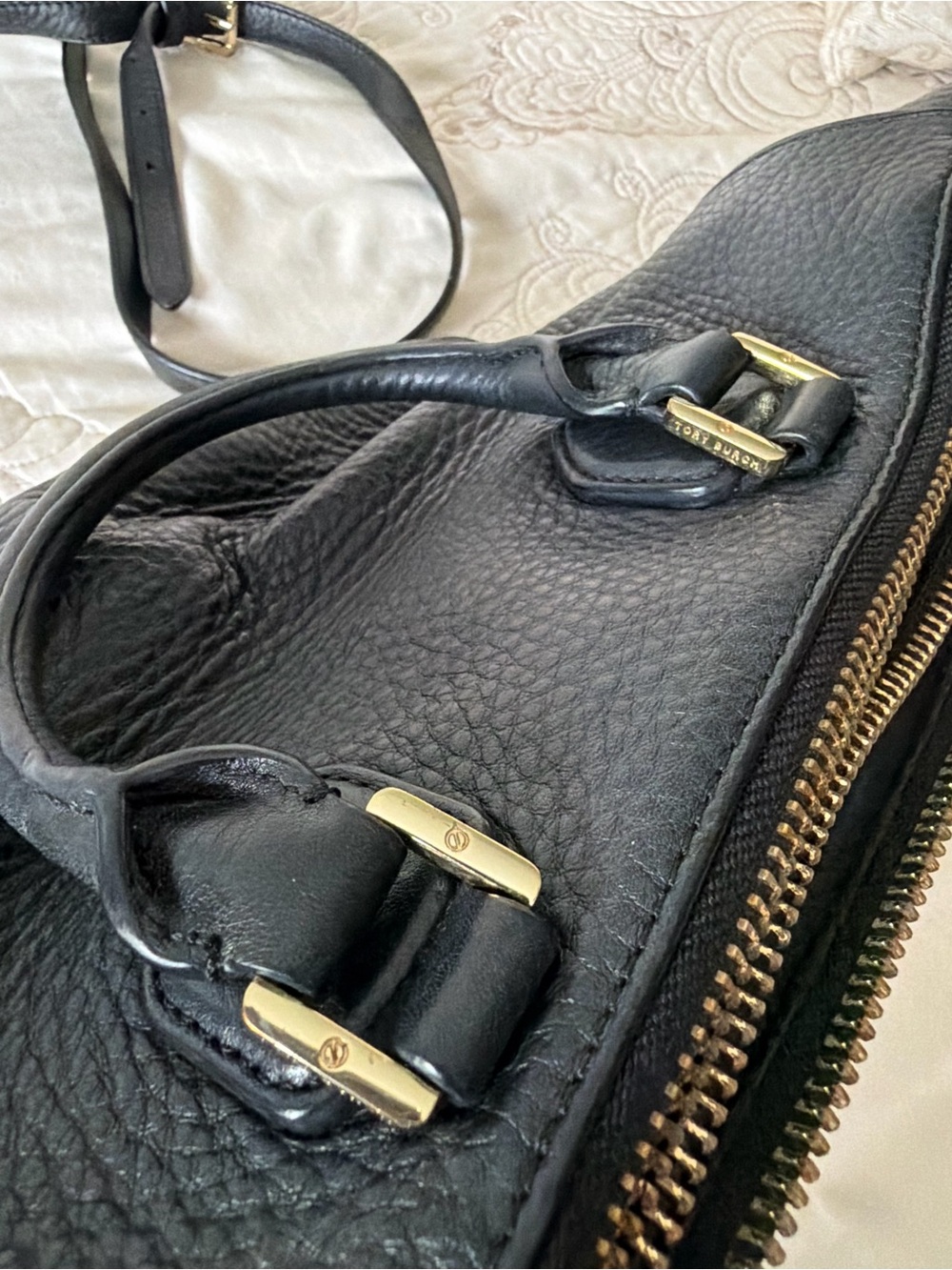 Tory Burch - Black Pebbled Leather Satchel with Gold Hardware - Picture 9 of 15